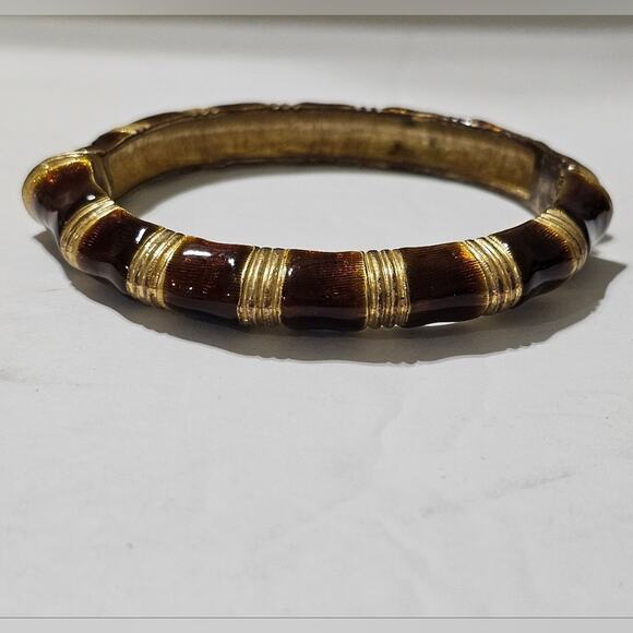 Kenneth Jay Lane Gold Plated Enamel‎ Bamboo Hinged Bangle Bracelet - Picture 2 of 7